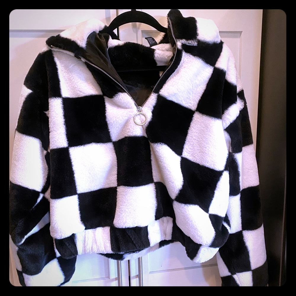 Checkered faux fur hoodie